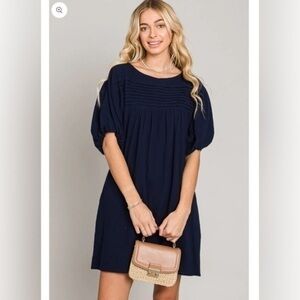 Allie Rose Women's Small Addison Blue 100% Cotton Puff Sleeve Shift Dress S
